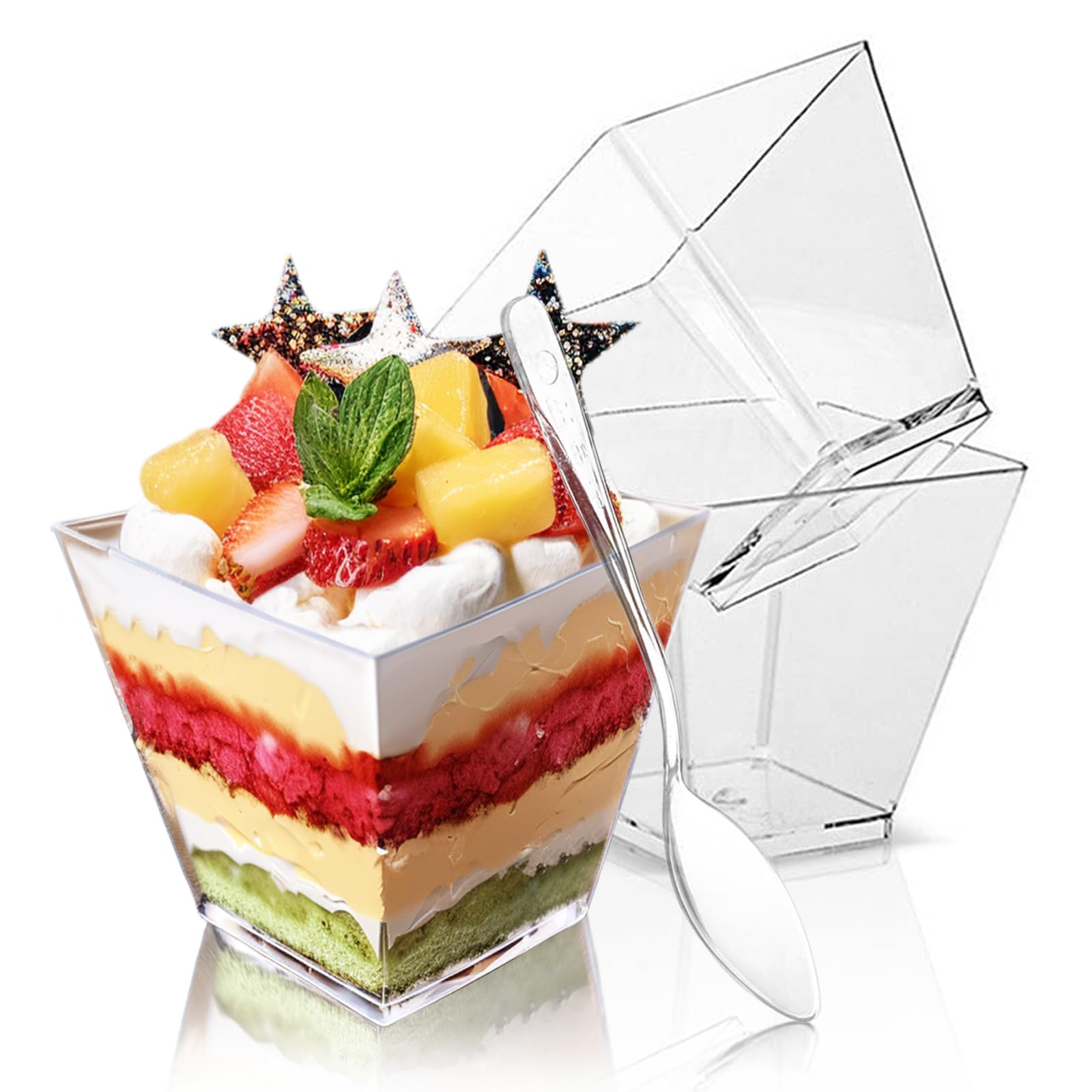Photo 1 of Hiasobre 50 Pack 3.5 oz Plastic Dessert Cups with Spoons, Mini Square Parfait Appetizer Cups, Reusable Small Shooter Cup, Clear Serving Bowls for Tasting Party Samples Dessert Shot Glasses