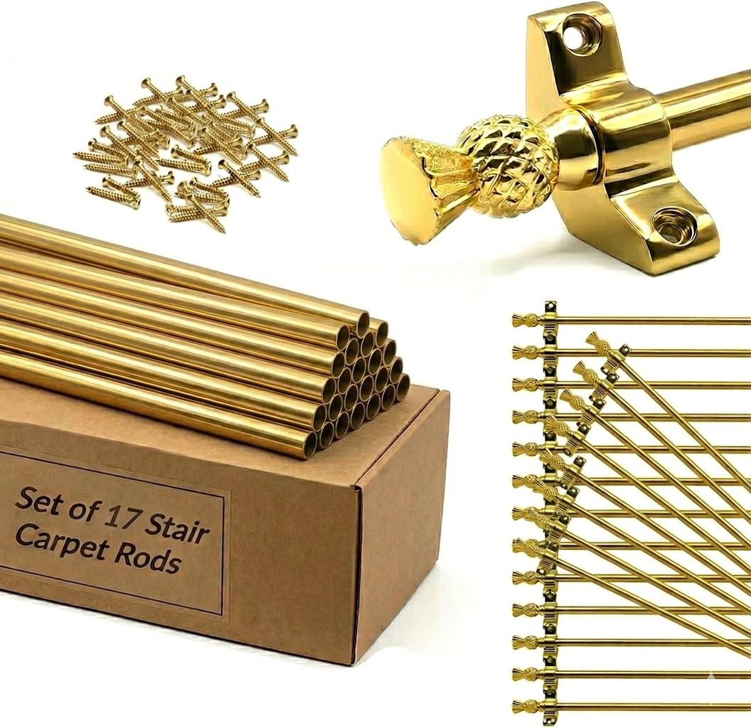 Set of 17 Stair Carpet Rods, 70cm, Polished Brass, with Thistle Finials, Brackets and Fixings, Metal (Polished Brass)