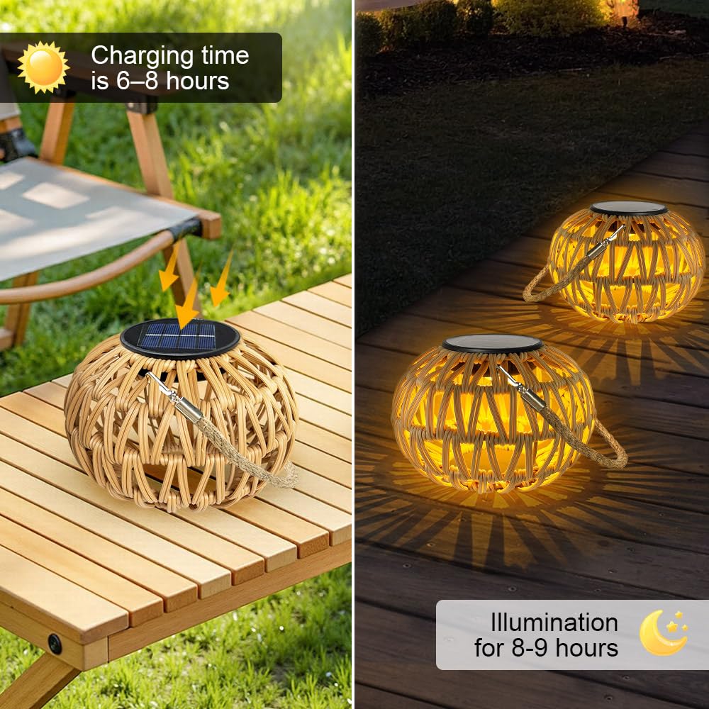 Lanterne Solaire Exterieur Rotin IP65 Imperméable Lampion Suspension Jardin Decoration Balcon Terrasse