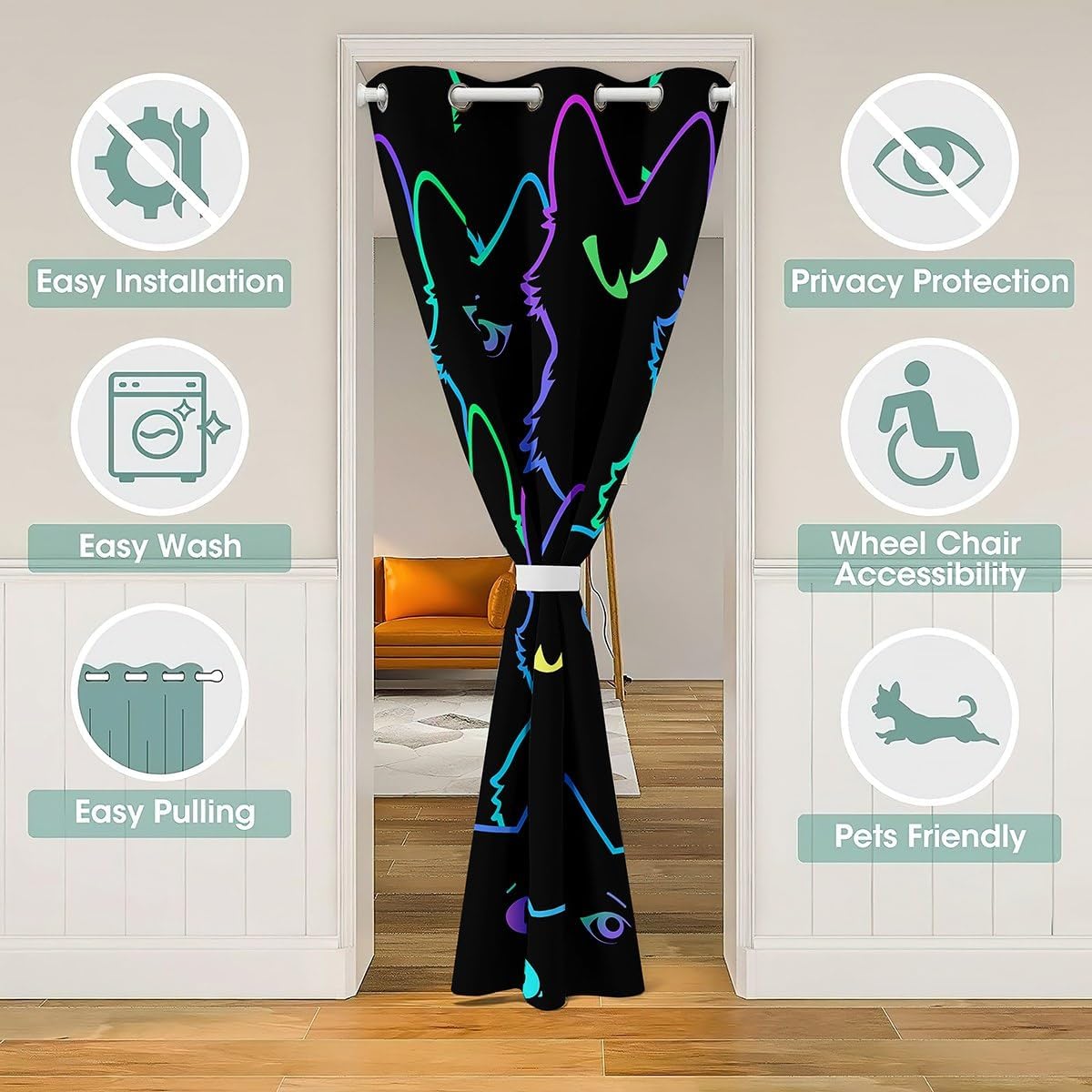 Erosebridal Kids Door Curtain Cartoon 34" W X 80" L,Gradient Line Cute Cat Blackout Curtain for Teens Kids Boys Girls Adults Room Decor,Kitten Pet Colorful 3D Animal Cat Lover's Doorway Curtain,Black
