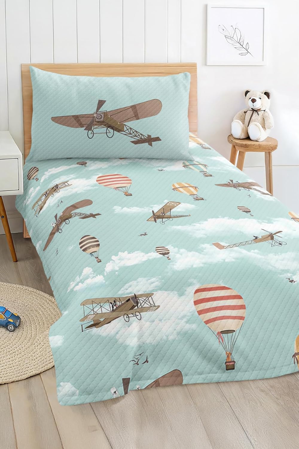 SODEF Quilt Set Twin Size Colorful Airplane and Balloon Design, Soft Cotton Polyester Blend, Fade Resistant, 2 Piece Set for Kids and Teens - Multicolor, One Size