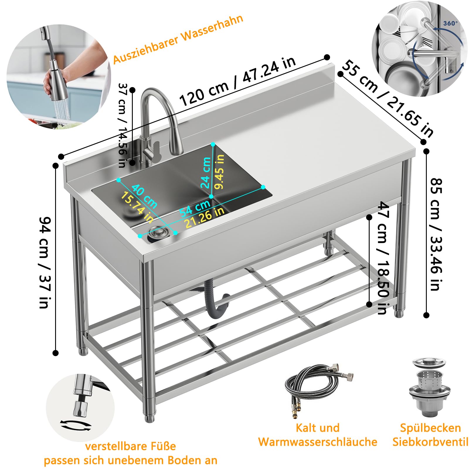 Freistehende Edelstahl Spültisch Gastro mit Werkbank, Gewerbliche Küchenspüle mit Ausziehbarem Wasserhahn, Outdoor Spüle für Küche Garage Waschküche Restaurant, 55T x 120B x 94H cm