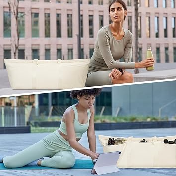 sportsnew Yoga Bag Large with Shoes Compartment and Wet Pocket, Tote Gym Bag for Women Men, Pilates Mat Carrier with Adjustable Strap, Beige