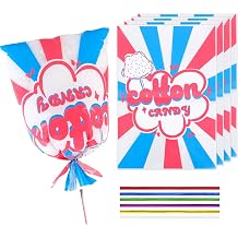 LEOSINDA 25 Pcs Cotton Candy Bags with Ties, 12 x 18 Inch Clear Printed OPP Bags for Large Fluffy Cotton Candy, Carnivals, Circus, Birthday Parties & Concession Stand Supplies