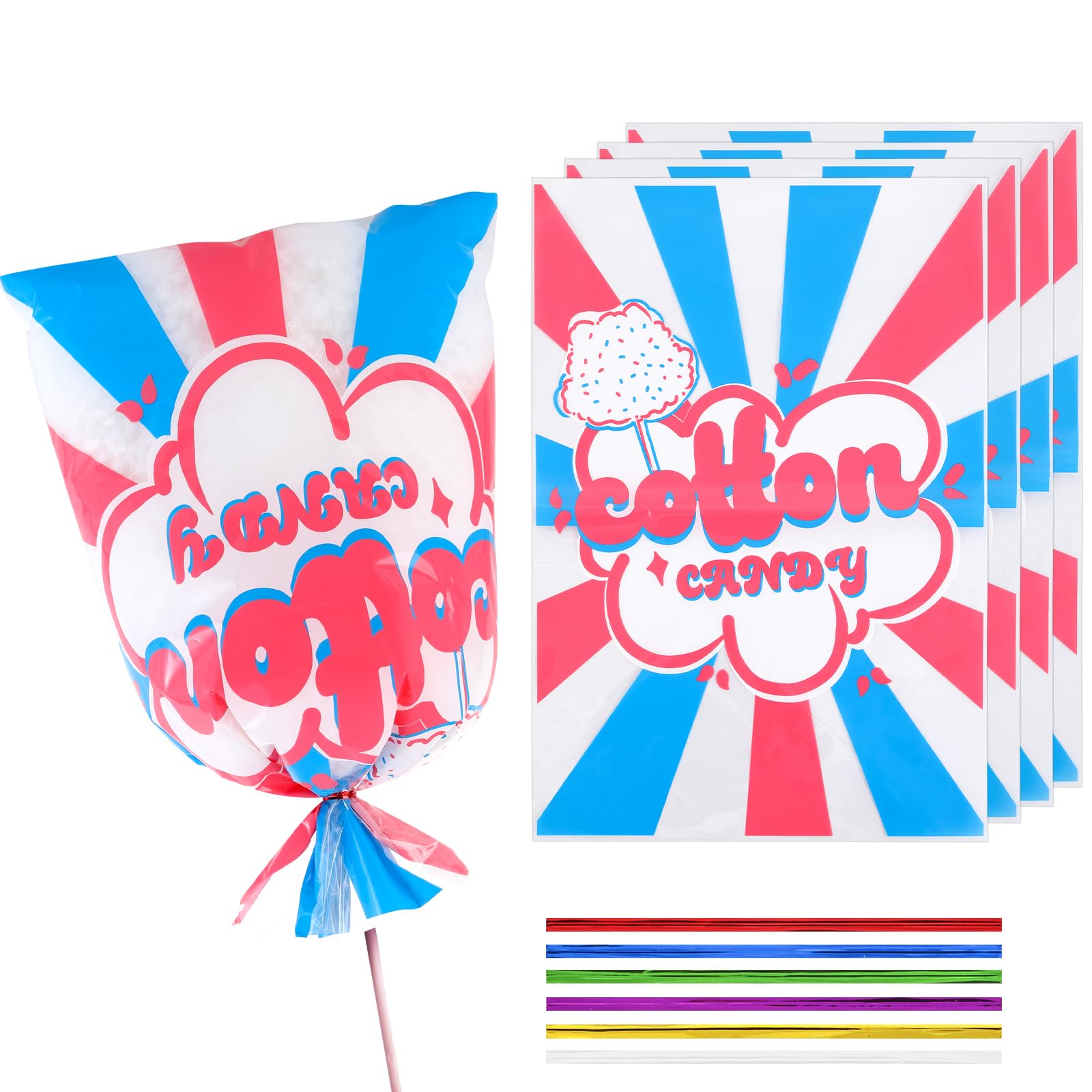 LEOSINDA 25 Pcs Cotton Candy Bags with Ties, 14 x 20 Inch Cotton Candy with Print for Extra Large Fluffy Cotton Candy, Carnivals, Circus, Birthday Parties &amp; Concession Stand Supplies