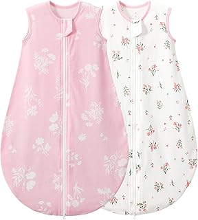 Duomiaomiao 2er Pack Baby Schlafsack,0.5 Tog Ganzjahres Jungen Schlafsack, Leichter hochwertiger Baumwoll-Mädchen Schlafsack, geeignet für Kinder im Alter Von 6 Monaten bis 5 Jahren(Blumen Rosa/M)