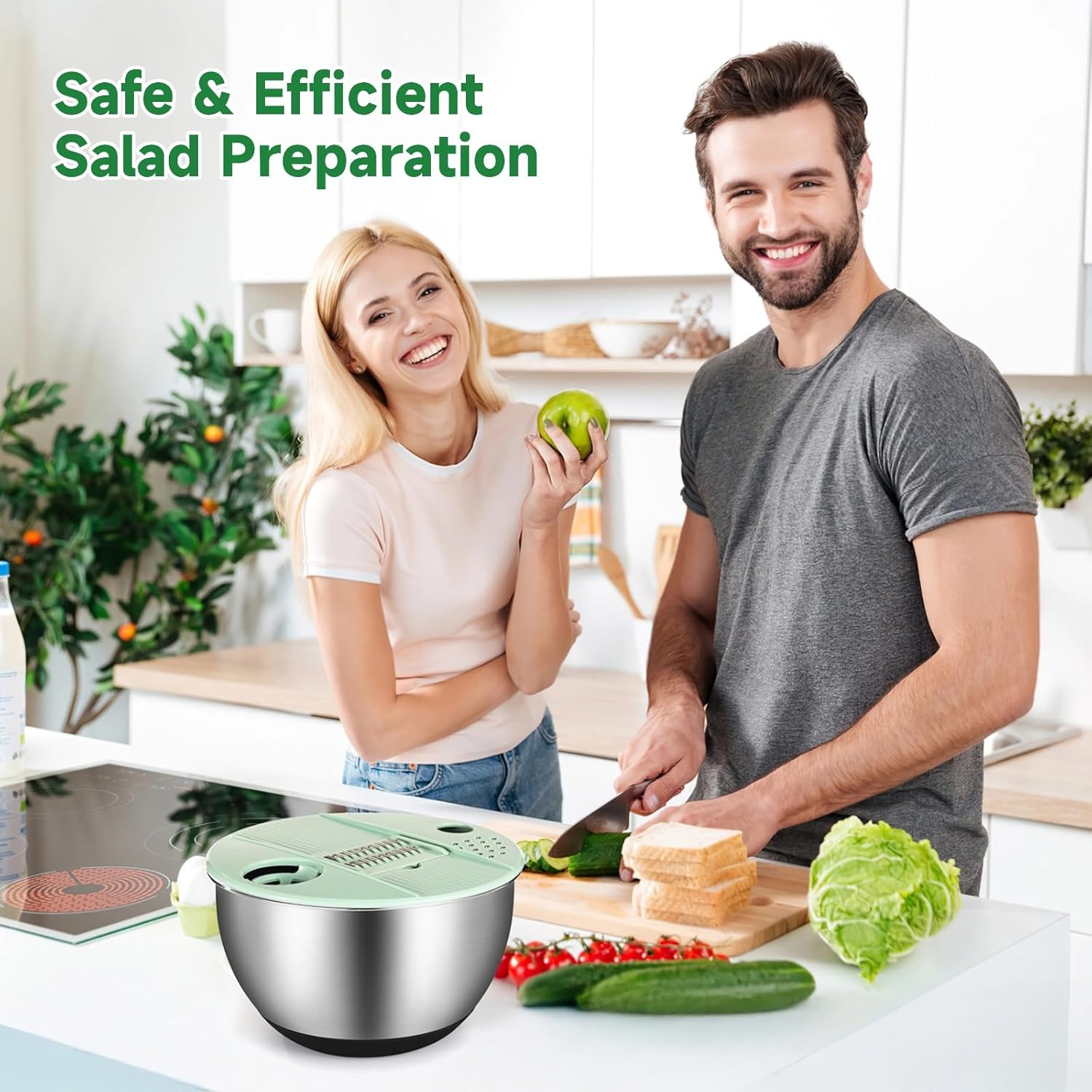 Stainless Steel Salad Spinner with Slicer Set, 5 Qt Large Rotation Vegetable Washer, 5 Interchangeable Slicers, Egg Separator, Anti-Slip Base Lettuce Bowl for Salad & Meal Prep
