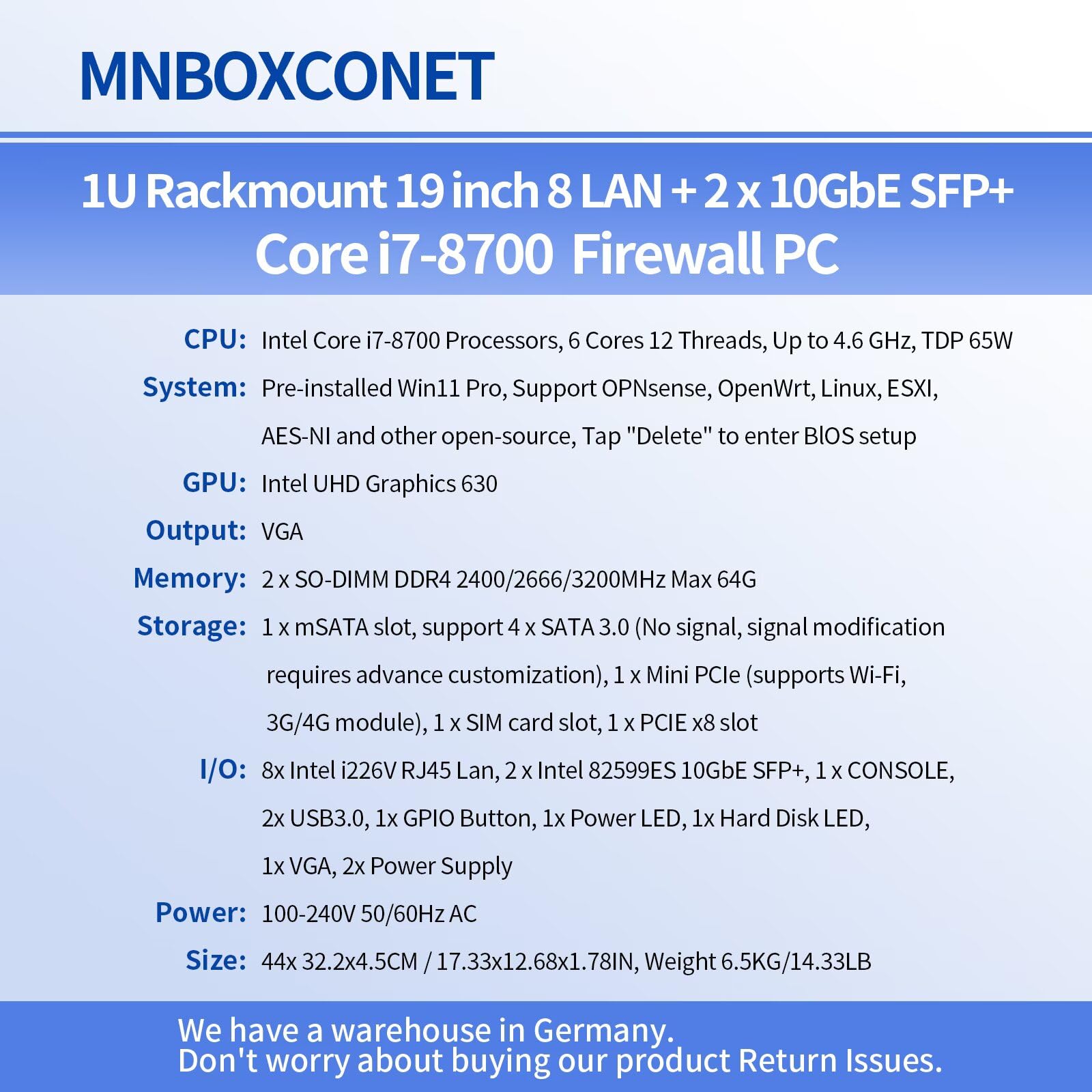 1U Firewall 19 inch 2x10GB SPF+ Appliance C236 Redundancy Power Supply Core i7 8700, 8 x 2.5 Gigabit Ethernet OPNsense, Network Hardware Server, 32GB RAM 512GB SSD, USB 3.0, Console