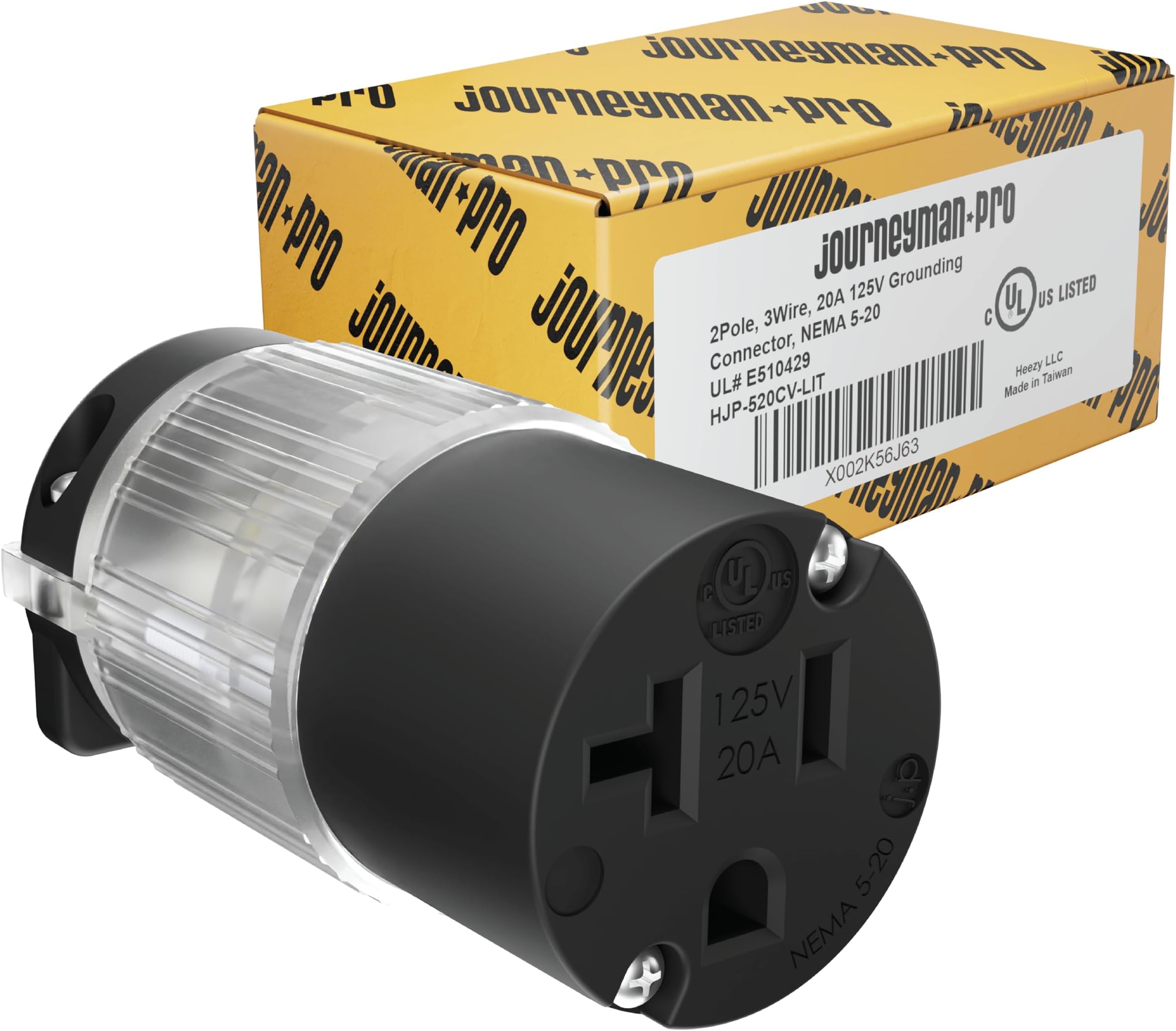 Journeyman-Pro - 520CV-LIT 20 Amp 120-125V NEMA 5-20R Lighted Female Plug End Replacement, 2-Pole 3-Wire Straight Blade Heavy Duty Extension Cord Connector, Commercial Grade PVC (Black LIT, 1-Pack)