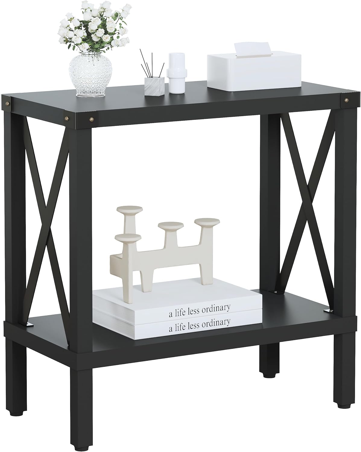 Narrow End Table, Large Sofa Side Table, Farmhouse Nightstand with Storage Shelve, Slim Bedside Table for Living, Room Bedroom, Lounge Black MLBZ17B