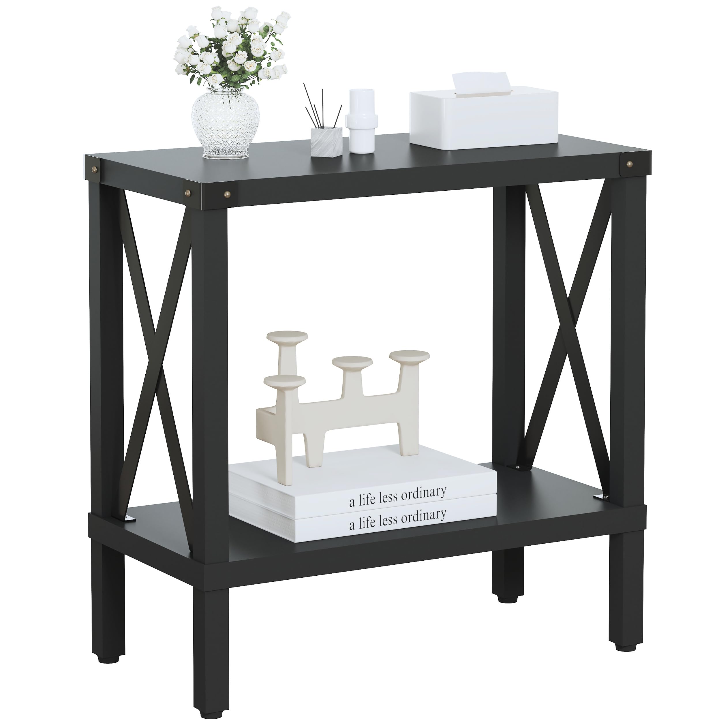 MMEOLUOOK Narrow End Table, Large Sofa Side Table, Farmhouse Nightstand with Storage Shelve, Slim Bedside Table for Living, Room Bedroom, Lounge Black