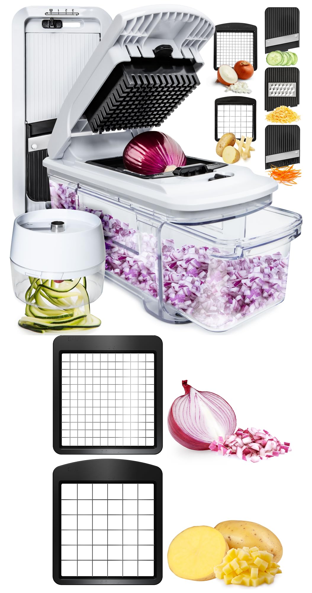 Fullstar All-in-1 Vegetable Chopper (5 in 1, Black/White) and 2pc Blade Replacement Set for Vegetable Chopper - Bundle of Chopper and Dice Blade Replacement (Big and Small Dice) - Kitchen Gadgets