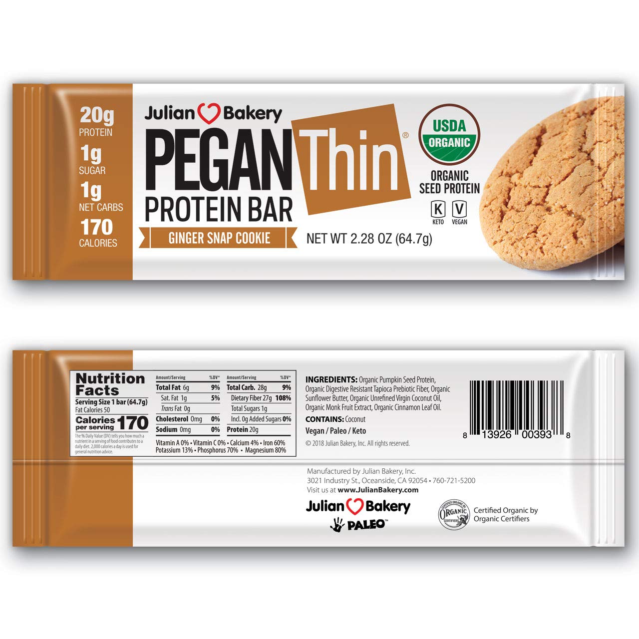 Julian Bakery Pegan Thin Protein Bar | Ginger Snap Cookie | Organic Pumpkin Seed Protein | 20g Protein | 1 Net Carb | 12 Bars