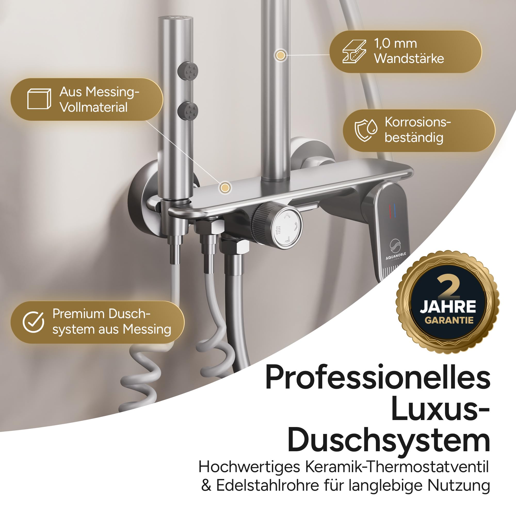 AquaNoble Aufputz Duschsystem mit Thermostat & Ablage – Duscharmatur Komplettset mit Regendusche, 3-Funktionen Handbrause, Wanneneinlauf/Wasserfall & Reinigungspistole, EasyClean Anti-Kalk, chrom