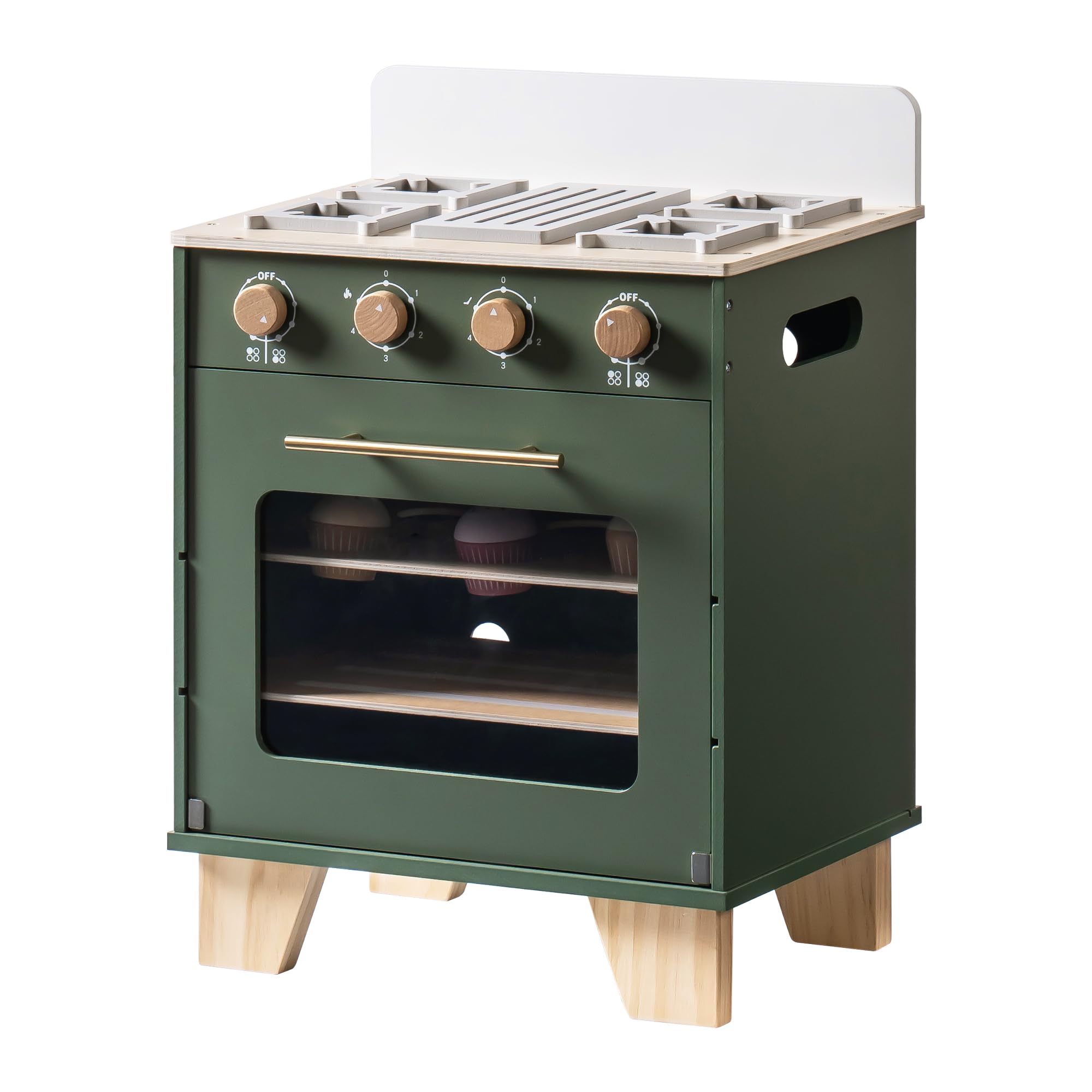 Juego de cocina de juguete de madera, juego de cocina para niños con comida de juguete, horno de juguete de madera para niños pequeños y niñas (verde vintage) 8