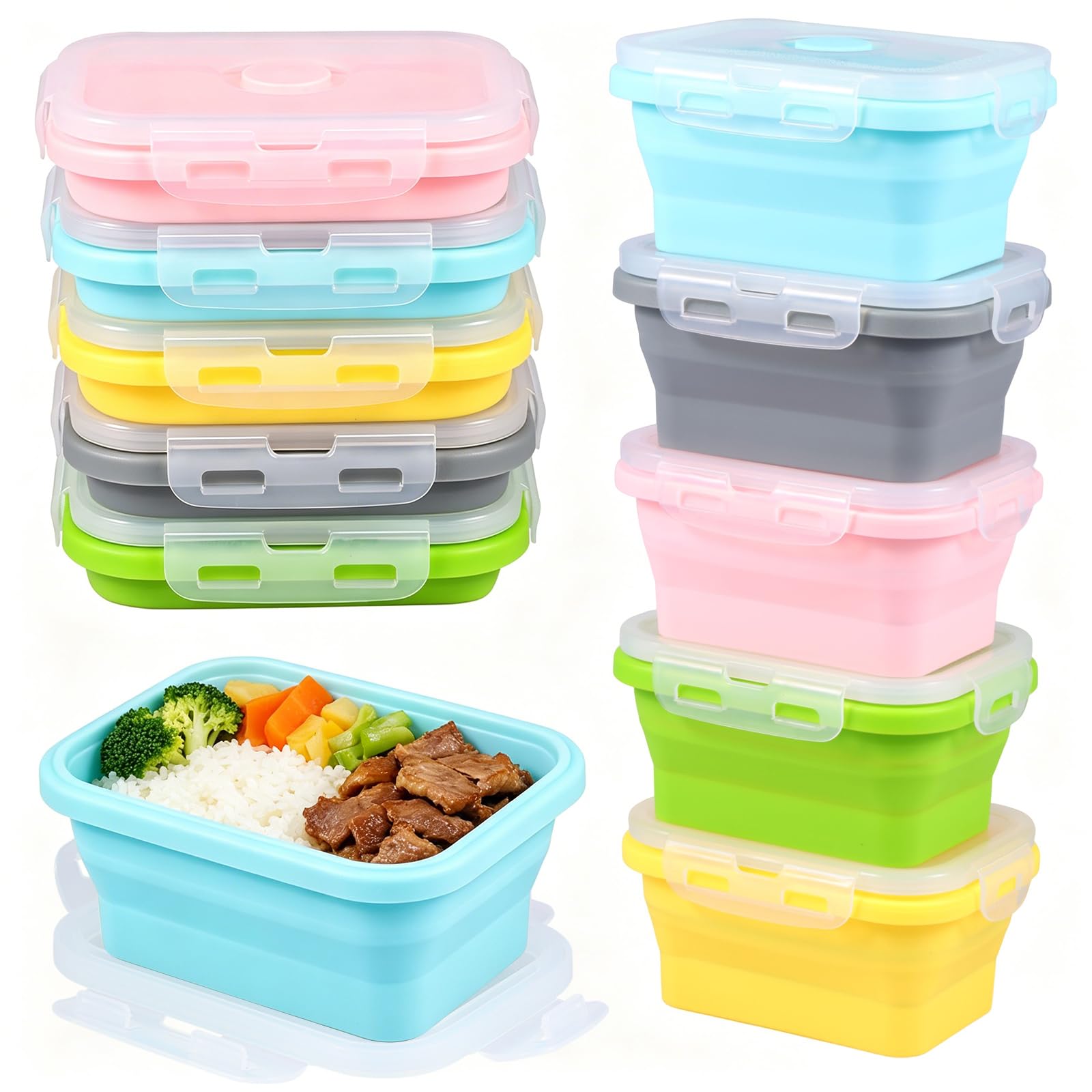 Anihet 5Pcs Collapsible Silicone Food Storage Container with Lids, Portable Meal Prep Lunch Box, Stackable Snack Container for Camping Travel Kitchen, Microwave Dishwasher and Freezer Safe(350ml)