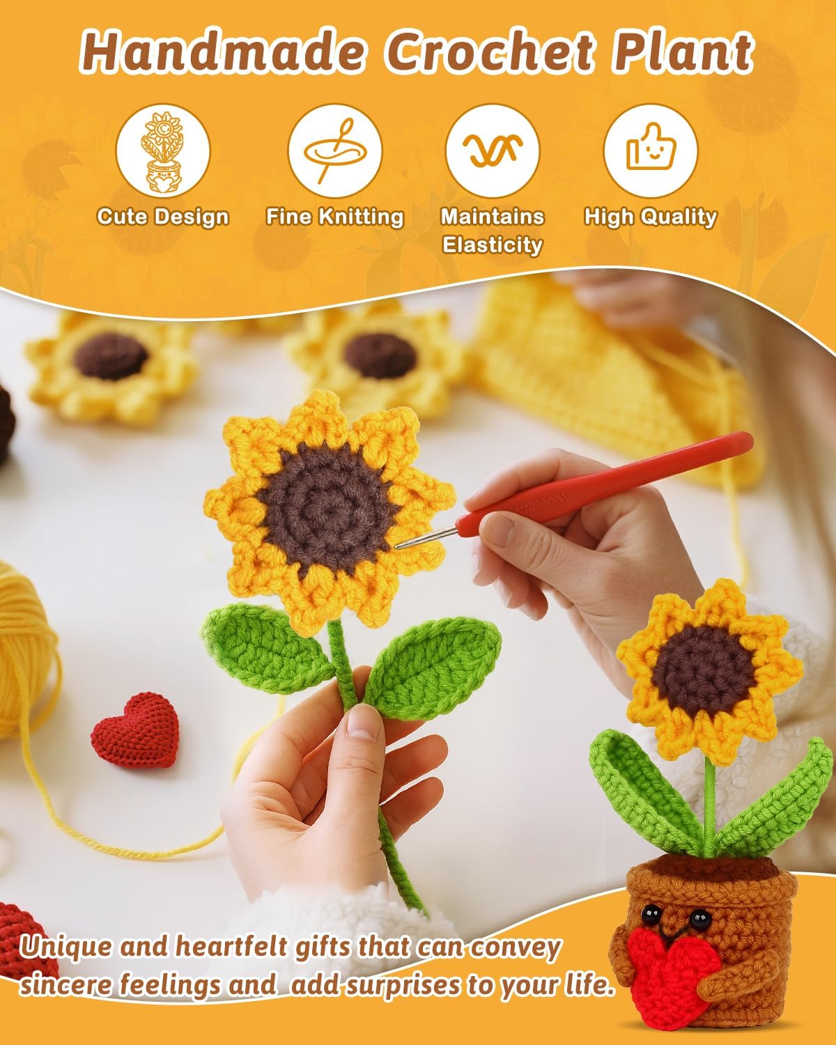 2pcs Knitted Flowers Sunflower Gifts for Women Handmade Knitted Planters with Card Gifts Birthday Gifts for Women Mom Family Friend Teacher Coworker Xmas Party (2pcs) - Image 4