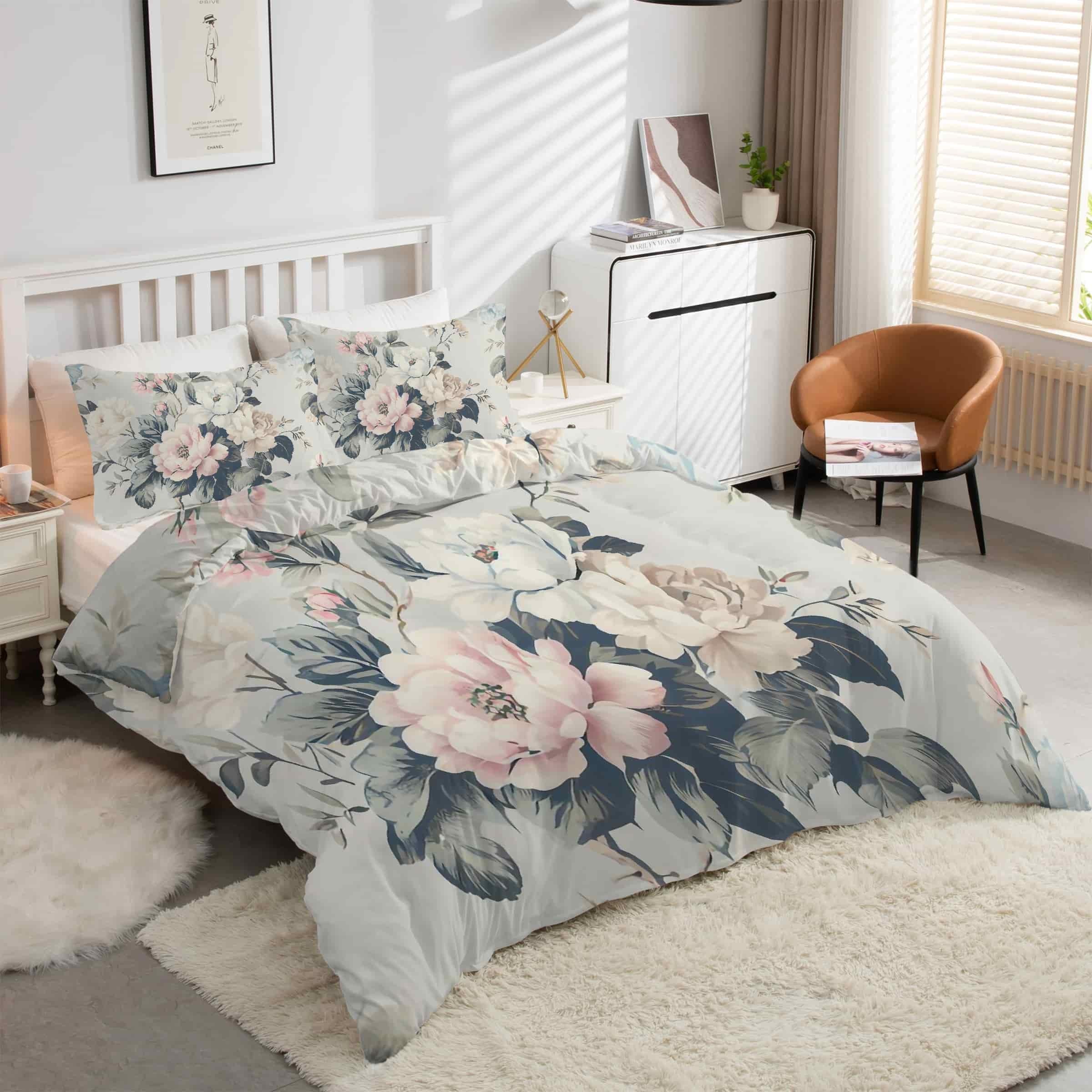 Housse de couette 240x260 pivoines fleurs en microfibre douce haute densité