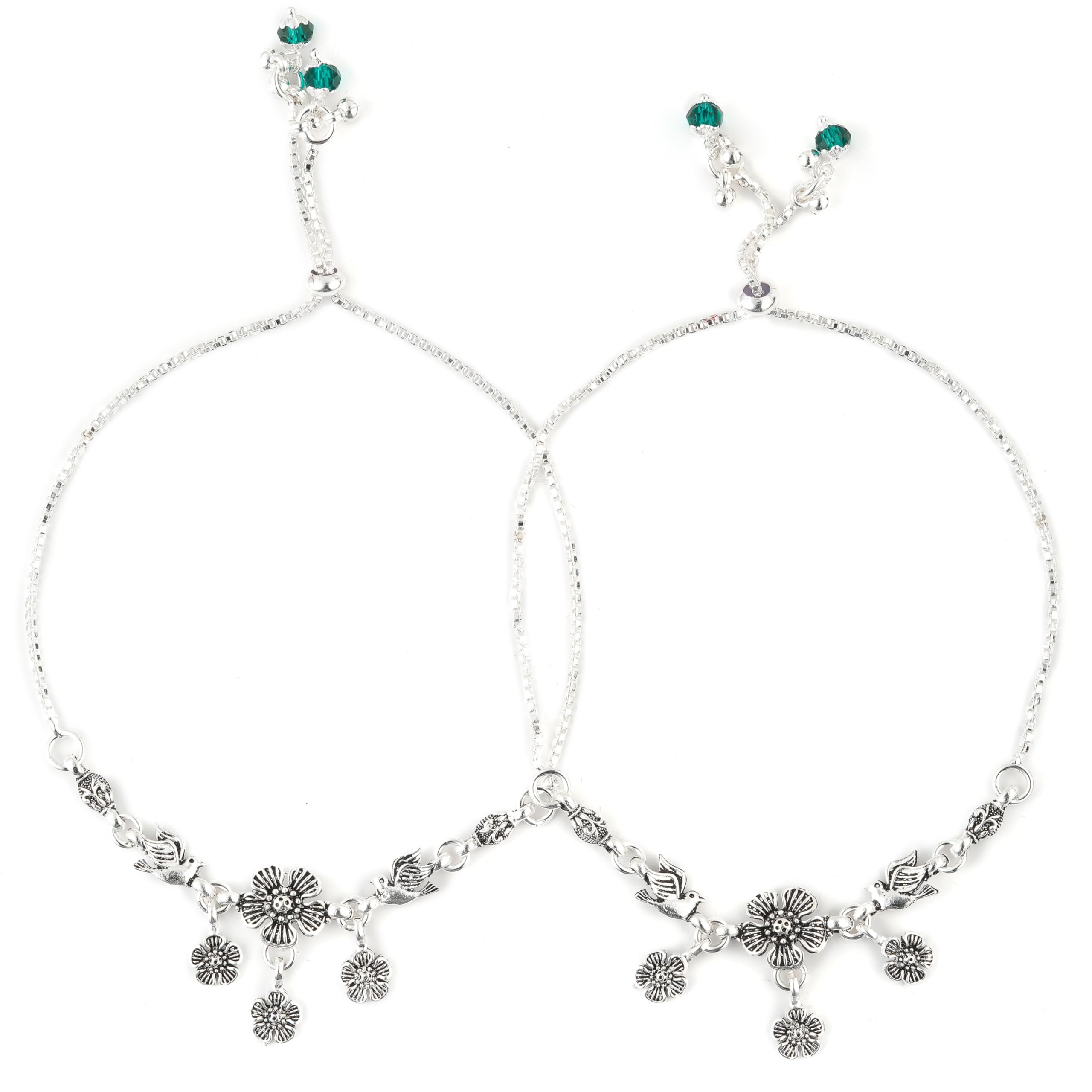 Ethnic Floral Charm Anklets with Green Stone Accents for Women - Traditional Indian Payal - Adjustable Jingle Anklet - Pack of 2-image-35