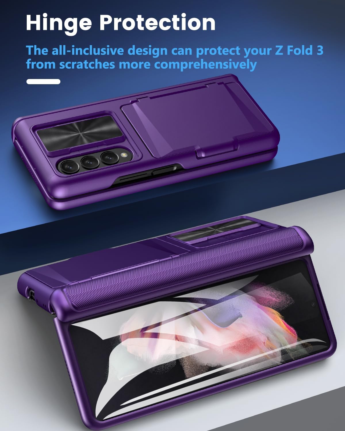 Viaotaily for Samsung Galaxy Z Fold 3 Case with Card Holder & Slide Camera Cover, Built-in Screen Protector & Hinge Protection, Shockproof Durable Wallet Phone Case for Galaxy Z Fold 3, Dark Purple