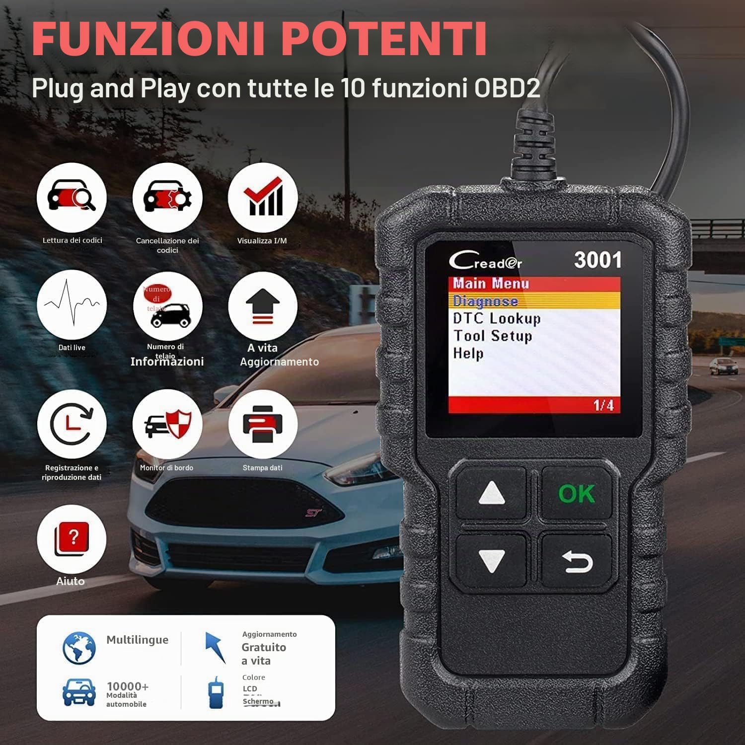 LAUNCH Creader 3001 OBD2 Diagnosi Auto, Spia Motore di Controllo, Lettore di Codici, Cancellazione Codici di Errore, Ricerca DTC, Dati in Tempo Reale, Compatibile con i Protocolli OBDII