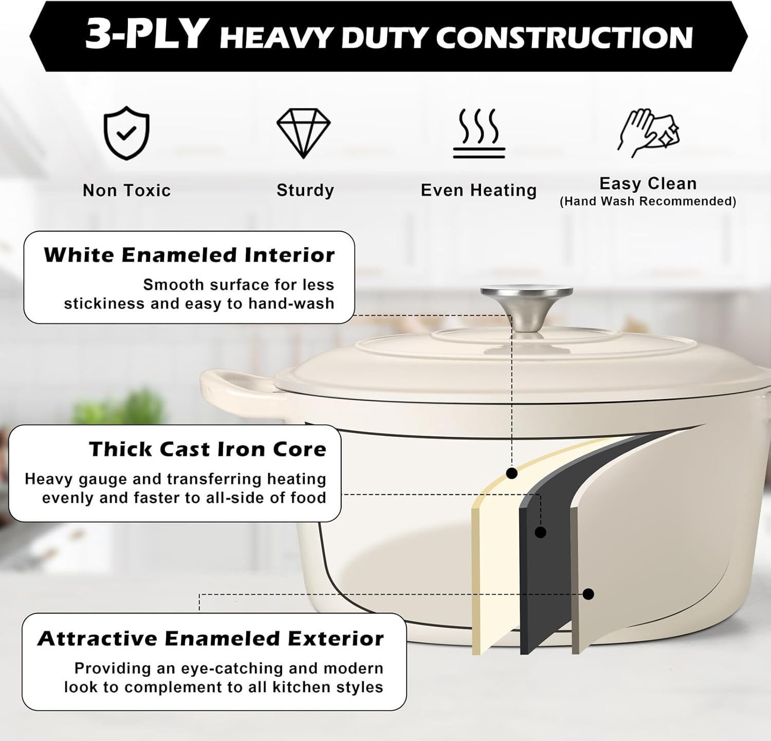 TeamFar 5Qt Dutch Oven, Enameled Cast Iron Dutch Oven with Lid & Dual Handles for Cooking Baking Braising Simmering, Healthy & Sturdy, Oven & Various Stovetops Safe, Non-stick & Easy Clean - Cream White