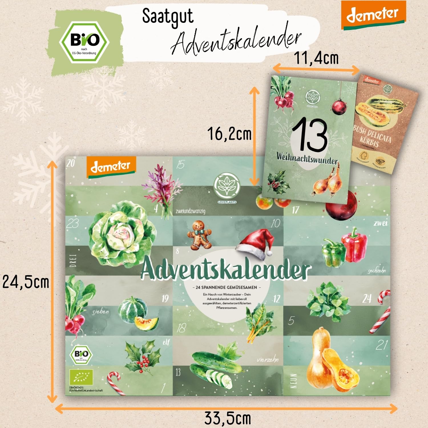 Calendario dell'avvento 2024 con semi biologici, con 24 varietà di semi di verdure Demeter, calendario fai da te di Loveplants con clip, buste e cordoncino, regalo per gli amanti del giardino, gli