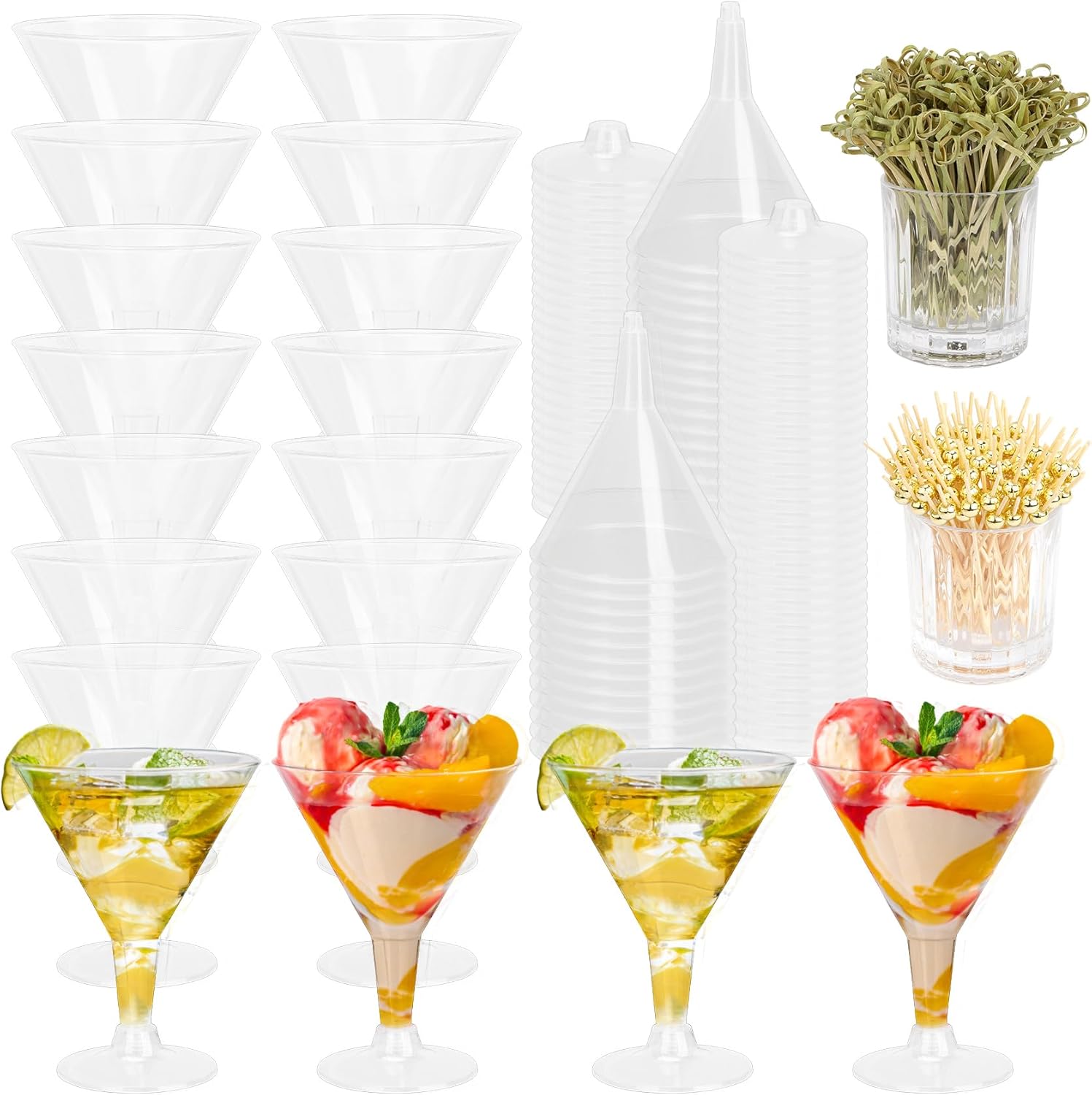 Plastic Martini Glasses Disposable 50PCS 7oz Martini Glasses Plastic Disposable 100PCS Cocktail Picks for Drinks Cocktail Glasses Party Supplies Champagne Glasses for Birthday Christmas Decorations