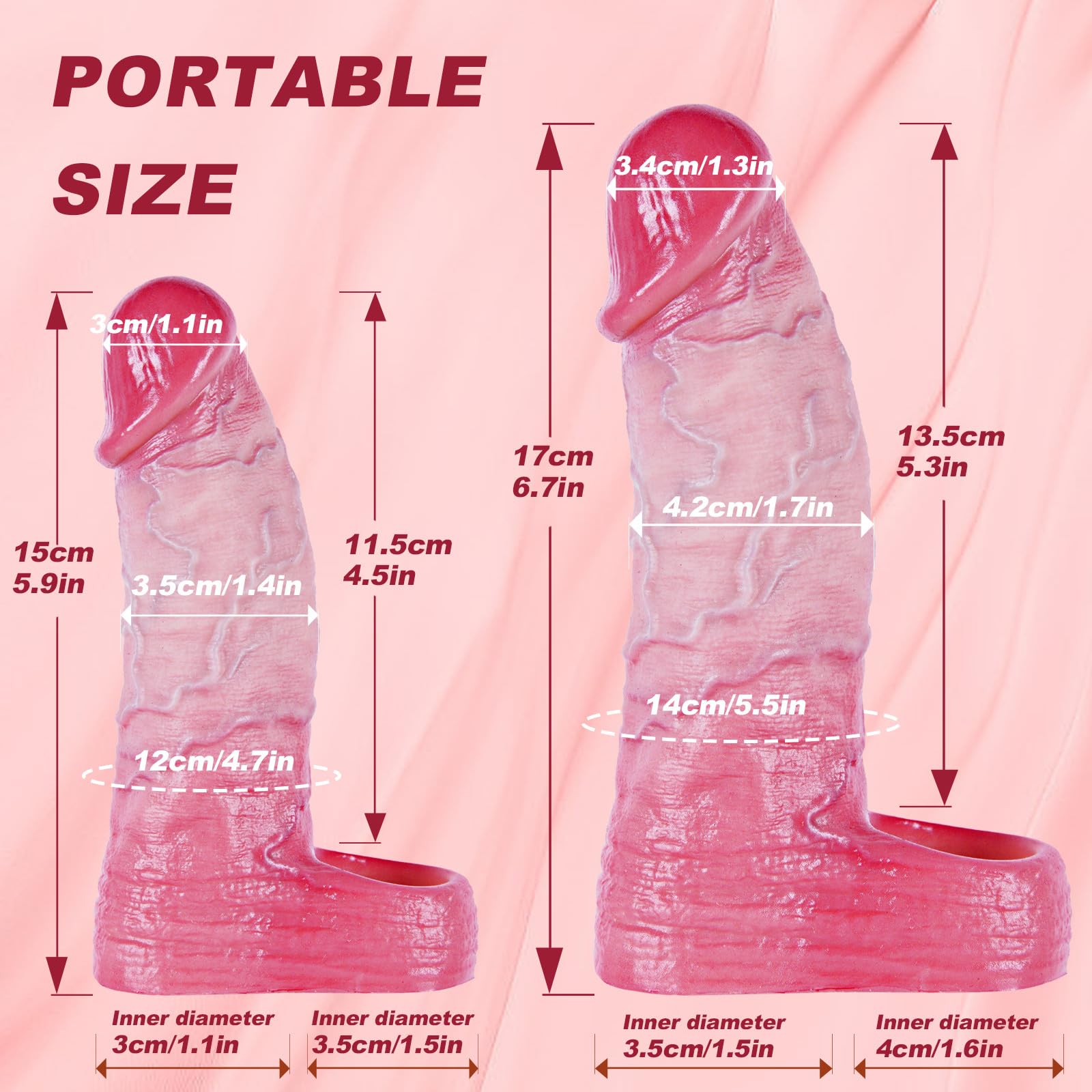 Set di 2 copripene e anelli in silicone realistici, S/L, per rapporti più duraturi e intensi, con glande rosso e vene realistiche, prolunga pene, giocattolo adulto per uomini e coppie