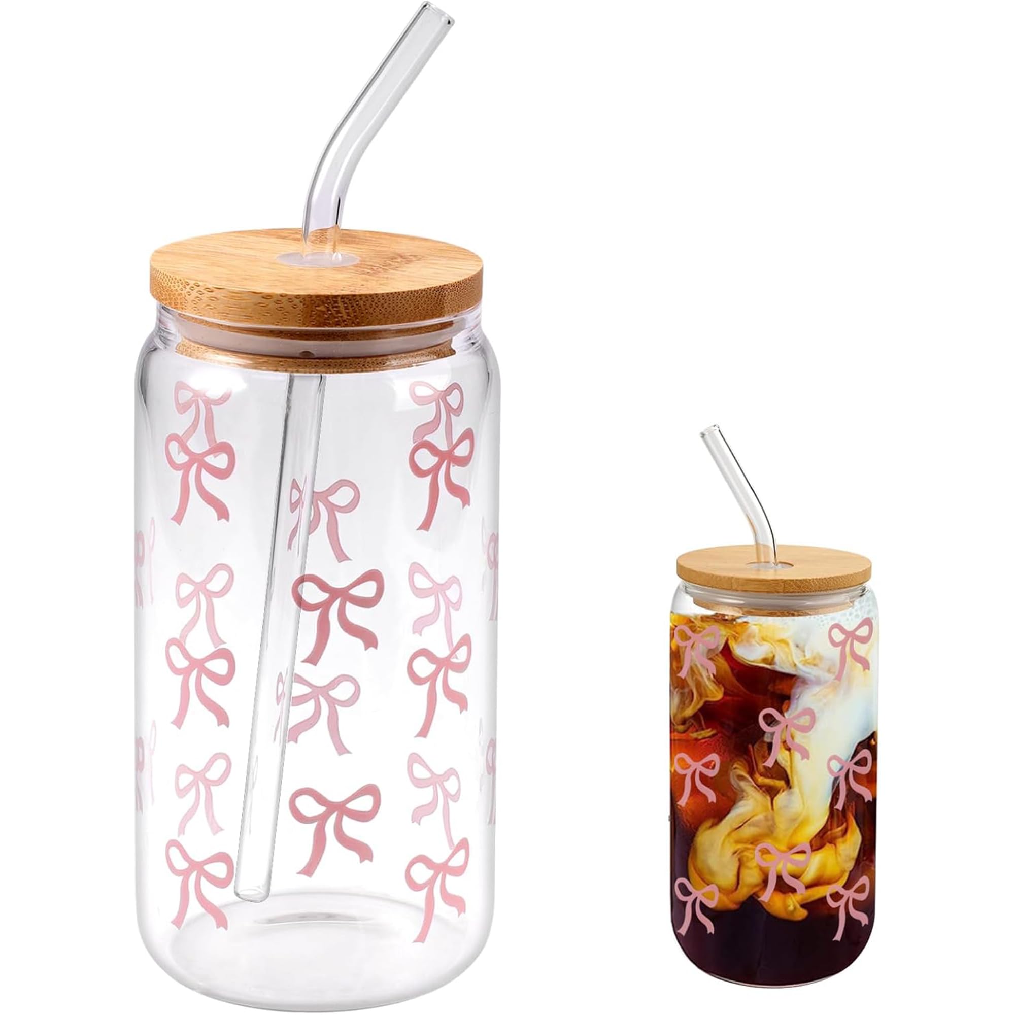 Ice Coffee Cup 500ml Bow Glass Cups with Lids and Straws