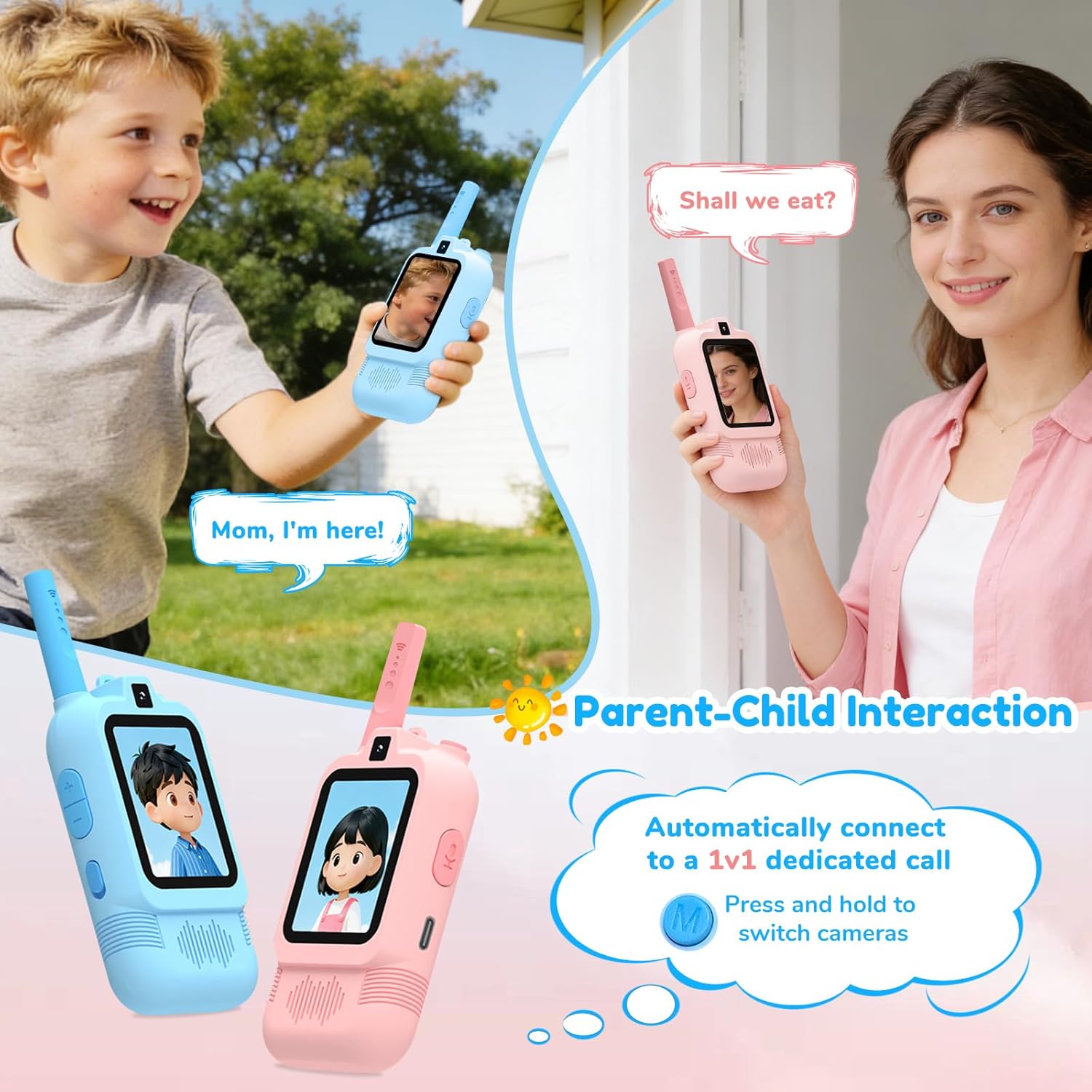 2 Pack Video Walkie Talkies for Kids, Long Range Rechargeable Video Walkie-Talkie, Video Call Toys for Boys Girls Ages 3-12, for Indoor, Outdoor, Hiking, Birthday Gift Etc (Blue & Pink)