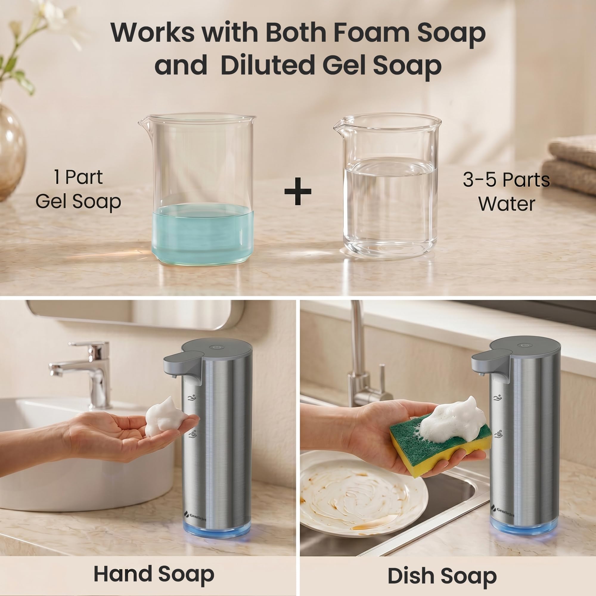 GentleJet EasyFoam Automatischer Schäumender Seifenspender, Berührungslose USB-C Wiederaufladbare Sensorpumpe, 304 Edelstahl, Verstellbarer Schaum, IPX5 Wasserabweisend für Bad & Küche, 295.7 ml