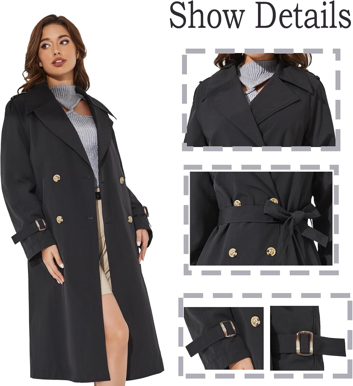 Women's Double Breasted Long Trench Coat Windproof Classic Lapel | Side Pocket Thin Coat With Belt. - Image 4
