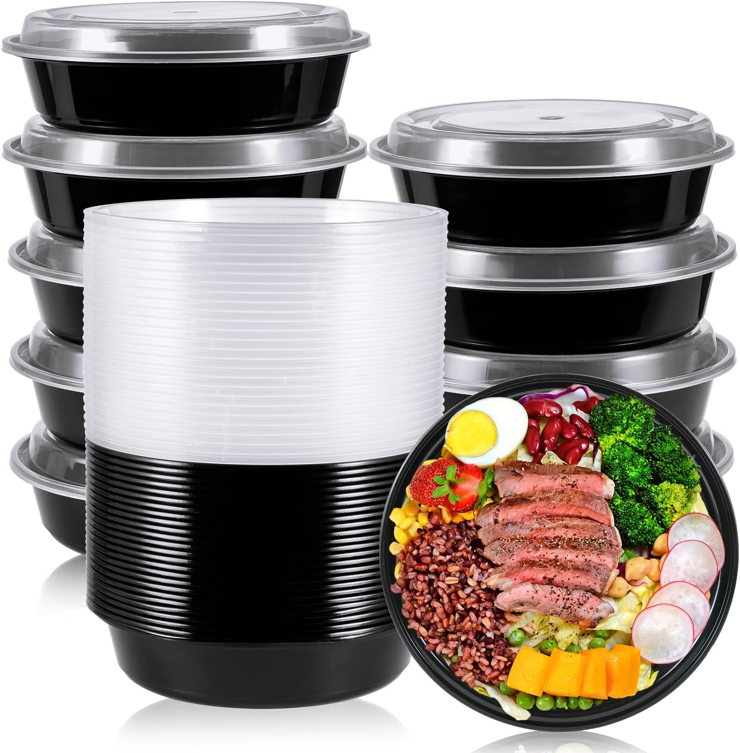 MUCHII [50 Pack Meal Prep Container, 24 oz Round To Go Containers with Lids, Plastic Containers for Food Microwave and Freezer Safe
