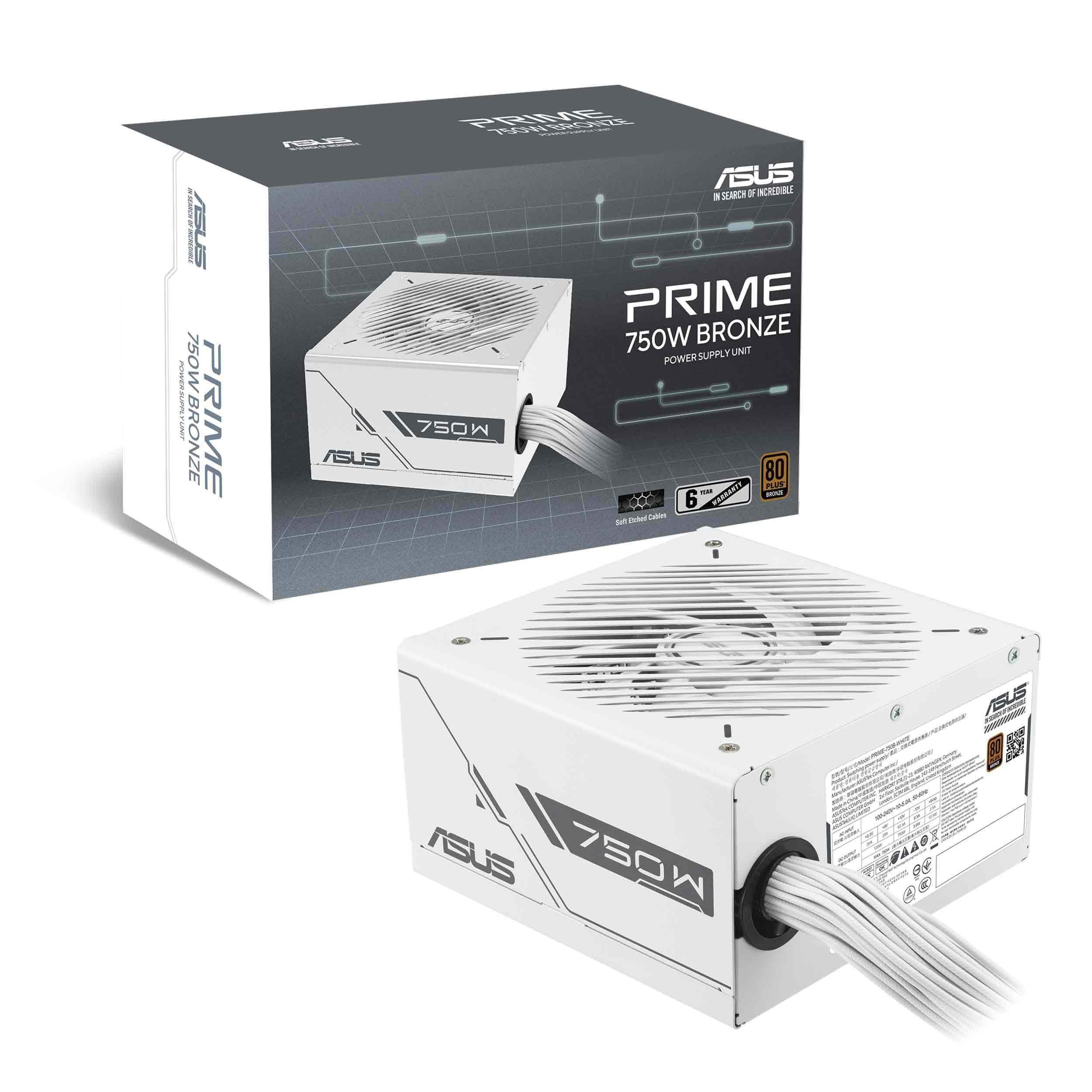 ASUS Prime 750 W Bronze White Edition (certyfikat 80 Plus Bronze, niemodułowy zasilacz ATX, grawerowany kabel w osłonie, podwójne łożysko kulkowe, 6 lat)