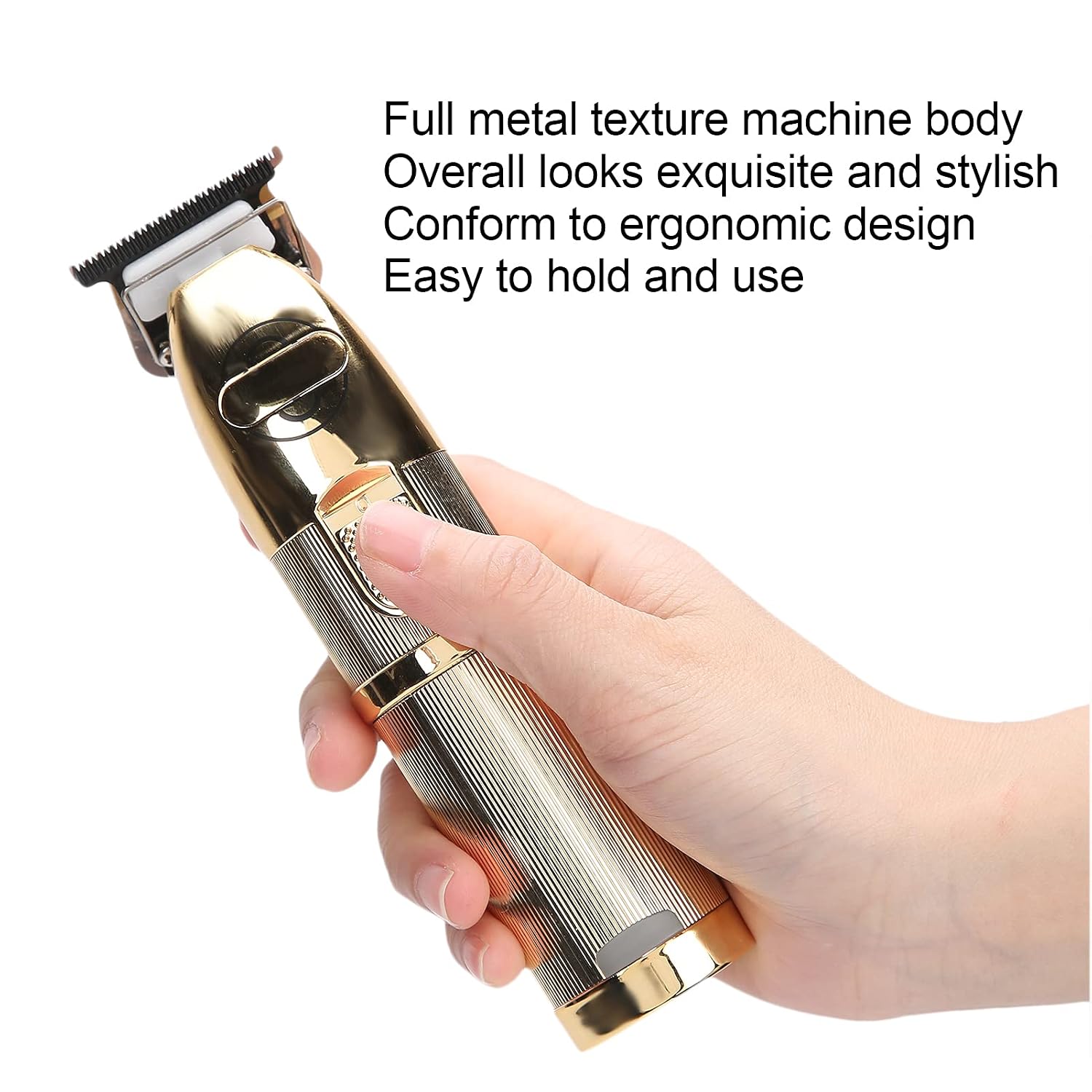 Hand holding the NSXAYIWE P700 hair trimmer, highlighting its full metal texture and ergonomic design.