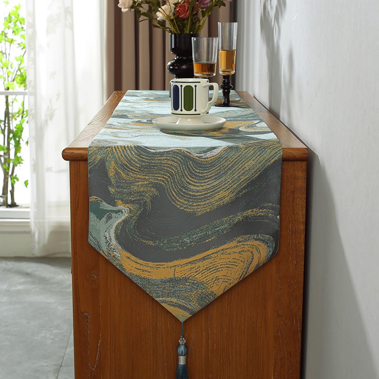 Tischläufer Blau Grün mit Geometrisch,Polyester,33x180cm
