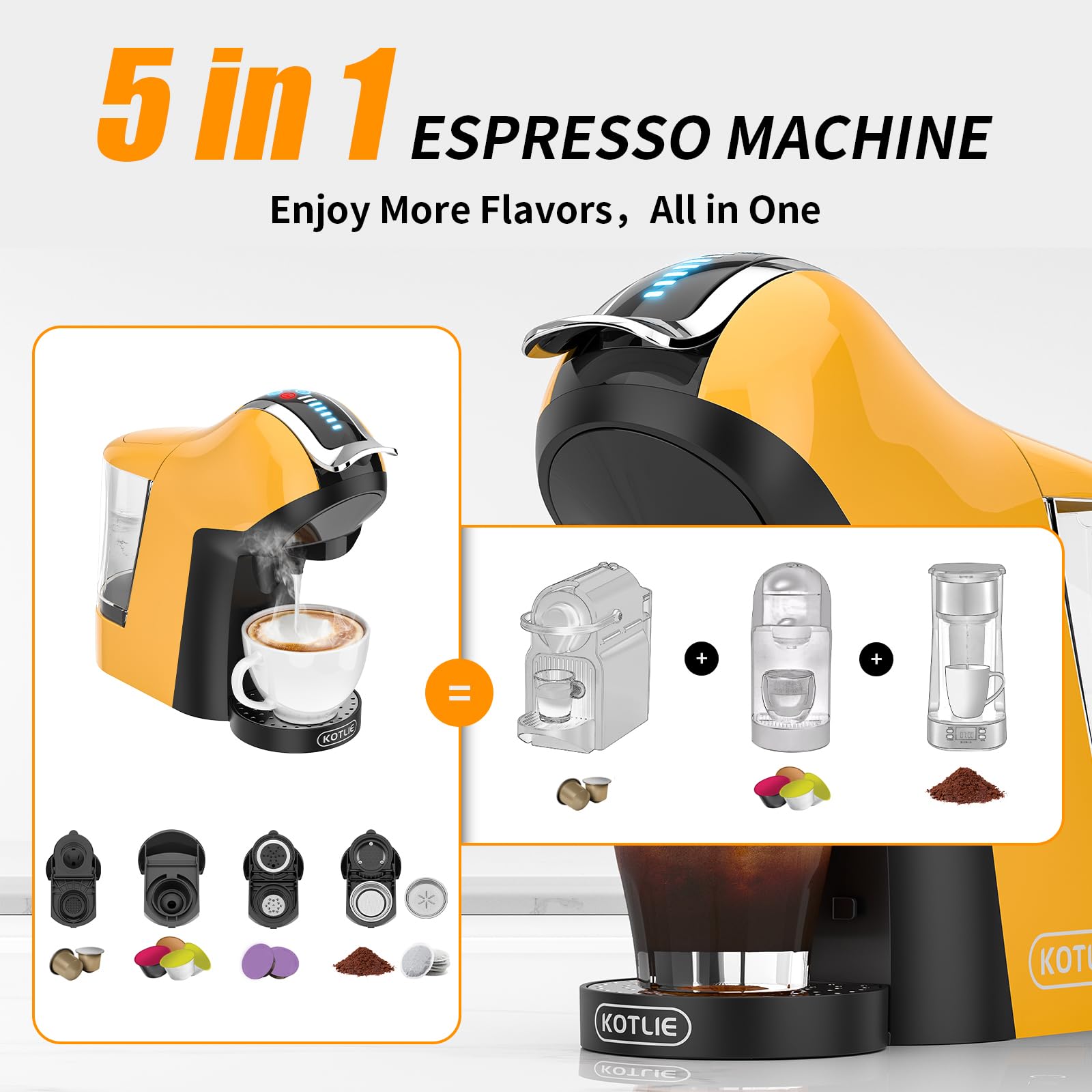 Cafetière Multi-compatible 44mm Machine à Café KOTLIE 4 En 1 - Capsules NES/ DG/café Moulu/ESE - 19 Bars 1450W - 800ml KOTLIE AC-513K - 10