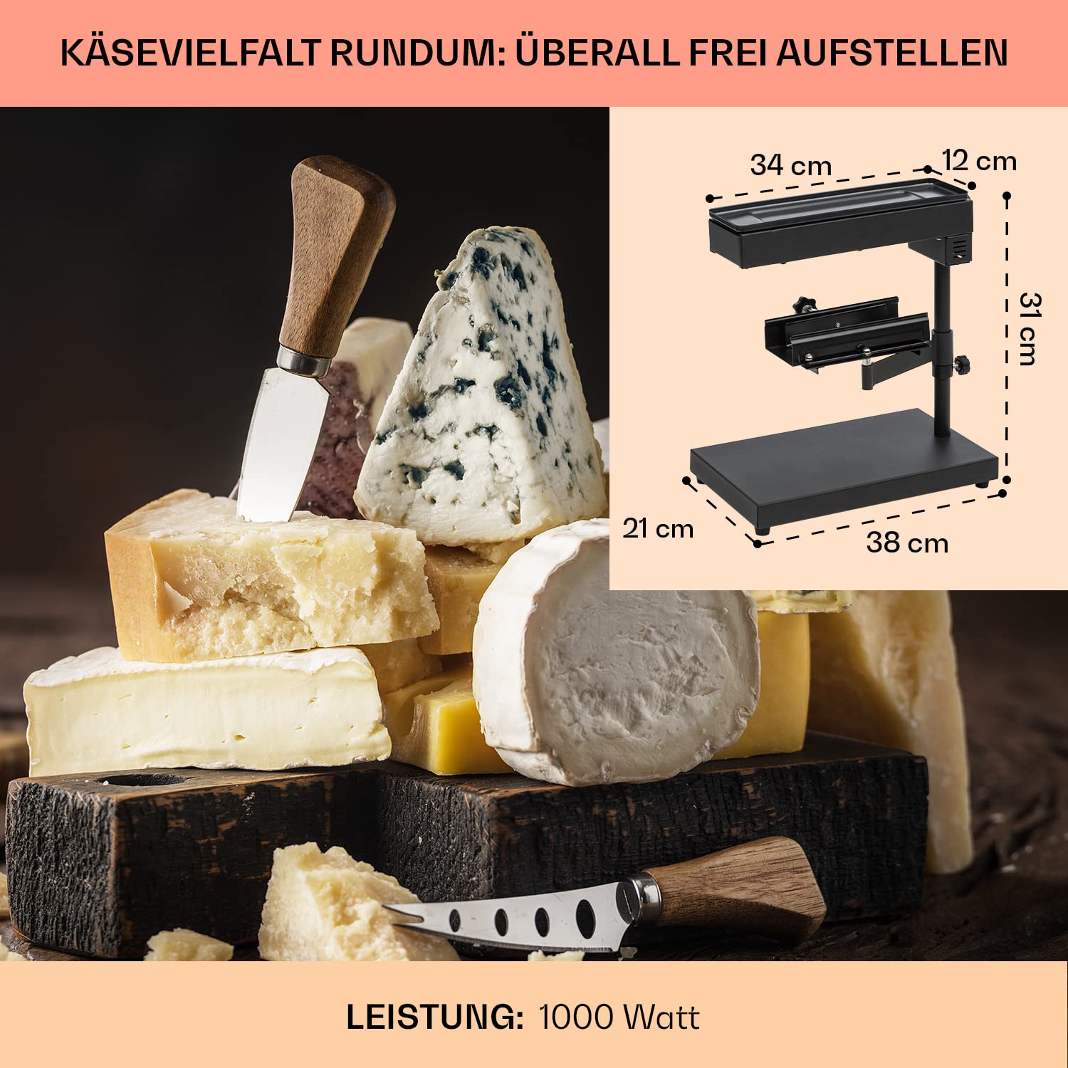 Klarstein Käse Raclette-Grill mit Edelstahl-Käse-Schmelzer, Dreh- & Verstellbarer Raclette Grill für am Stück, Robuster Schweizer 1000W Kleiner