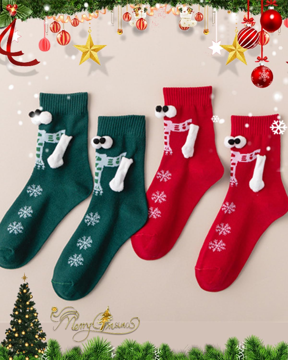 Yawlsow Lot de 4 paires de chaussettes de Noël amusantes avec ventouses magnétiques 3D pour couple, famille, amis, Rouge + vert + noir + blanc, taille unique