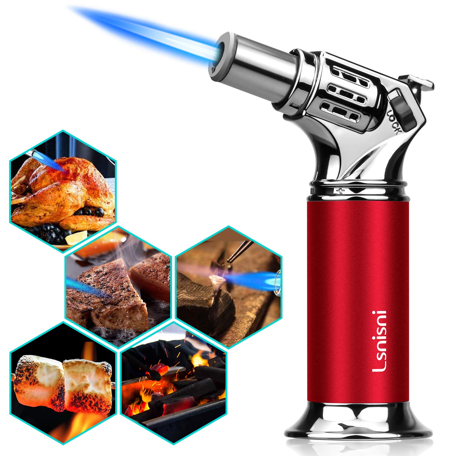 Kitchen Butane Torch, Refillable Culinary Butane Torch Lighter for Desserts, Creme Brulee, BBQ and Baking,Mini Blow Torch Lighter with Safety Lock and Adjustable Flame (Butane Gas Not Included) RED