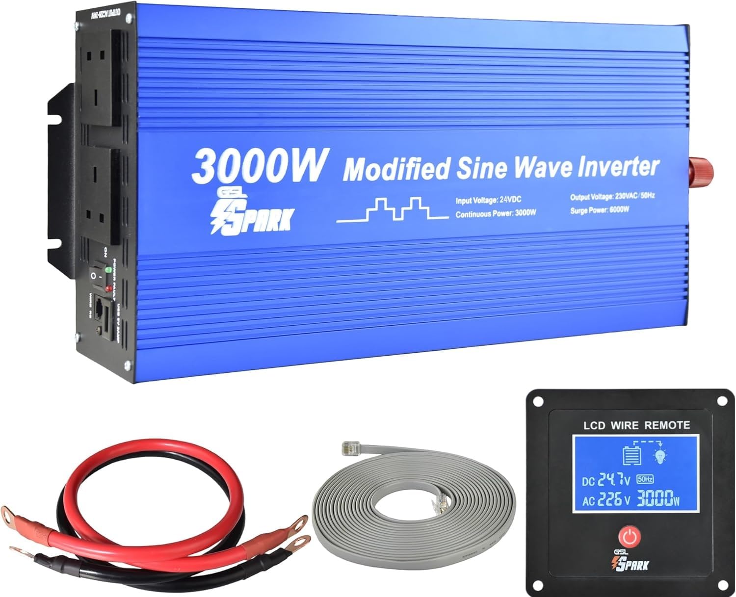 3000W 24V Power Inverter DC 24V to 240V 230V 220V AC with LCD remote Display, Remote Control and USB Port for Truck, Lorry 24v battery
