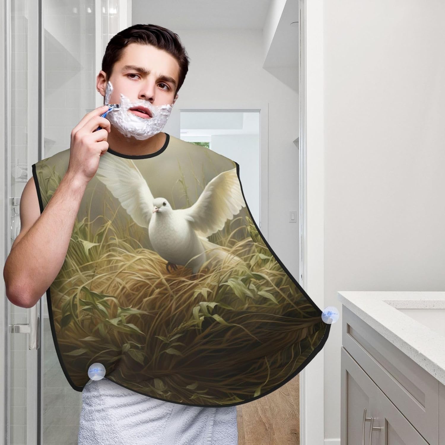 Grass And Dove Print Beard Bib Apron For Men, Beard Hair Catcher For Men Shaving Trimming,Beard Cape Cloth