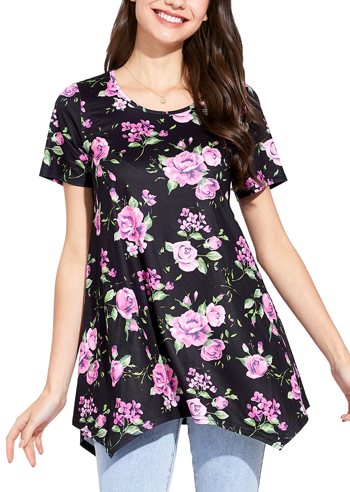 Enmain Camiseta Manga Corta Mujer Blusas de Mujer Elegantes Túnica Tops Larga Verano Cuello Redondo Estampada Flores Paisley Cómoda Fiesta S-3XL