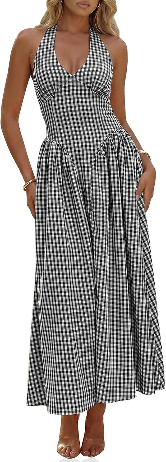 Wenrine Womens Halter V Neck Corset Maxi Dresses Summer Plaid Smocked Tie Back Backless Wedding Guest Drop Waist Dress