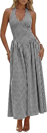 Wenrine Women's Halter V-Neck Corset Maxi Dress with Plaid Pattern, Backless, Summer Wear