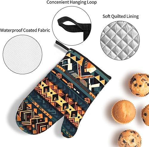 Miniatura 5 de Juego de guantes de horno y soportes para ollas con textura étnica tribal africana, guantes de cocina y soportes para ollas, juego de 3 piezas,