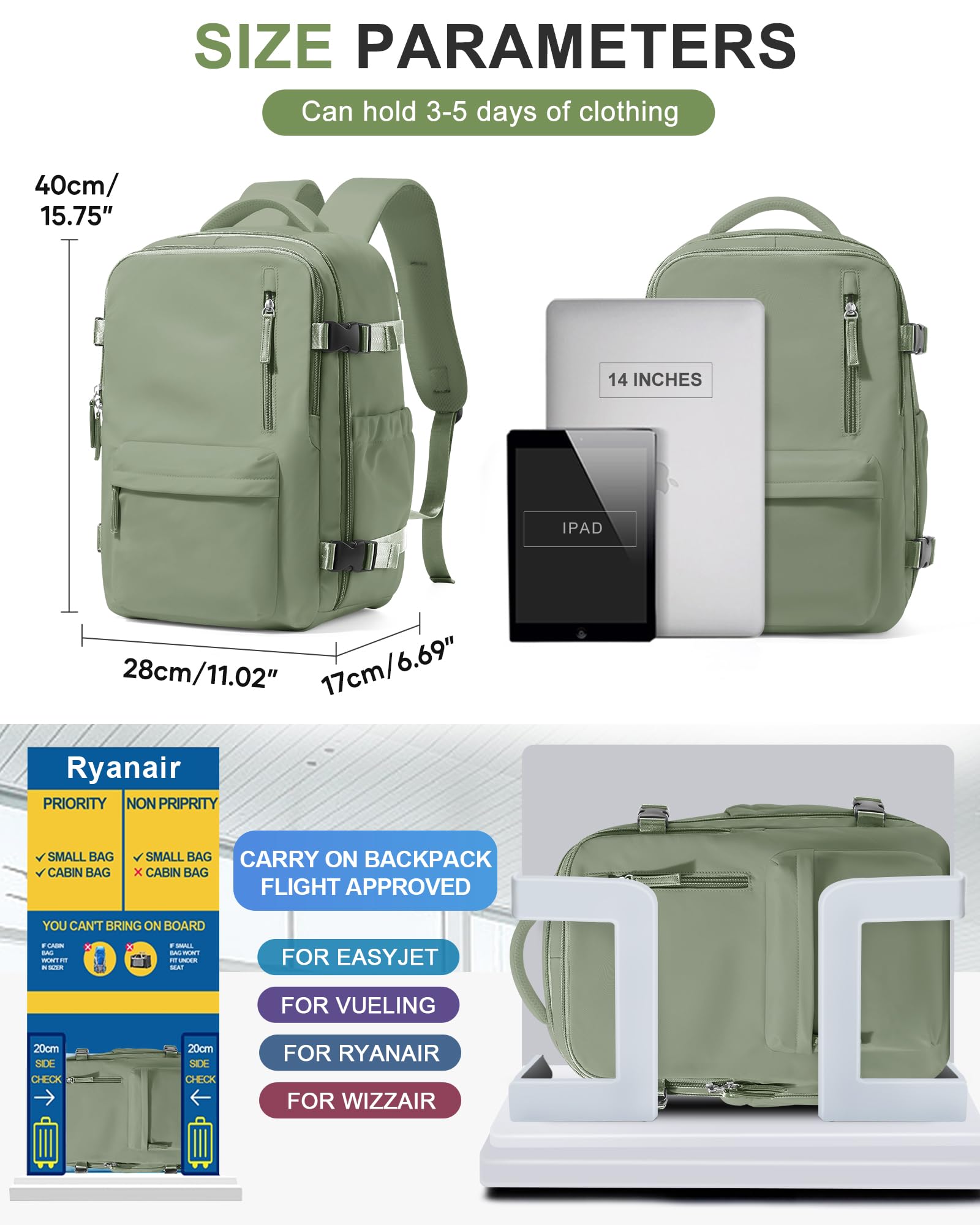 BJLFS Borse da Cabina per Ryanair 40×30×20 Zaino da Viaggio con Sottovuoto Bagaglio a Mano 40x20x25 Easyjet 45×36×20,Zaino Wizzair 40x30x20,Zaino Casual per laptop da 14 pollici per scuola