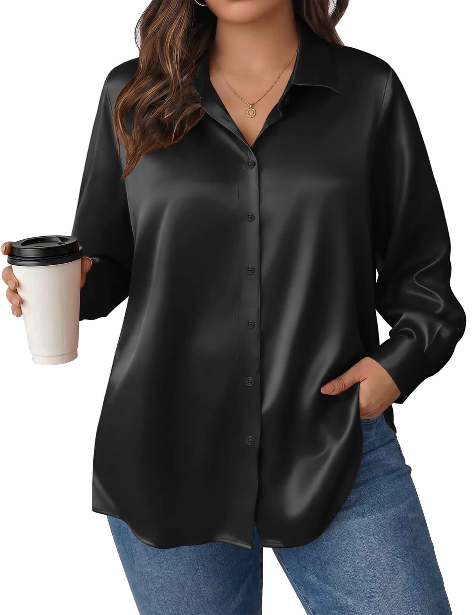 IN'VOLAND Women Plus Size Satin Blouses Long Sleeve Button Down Silk Shirts Fall V Neck Dressy Business Blouses ,Classic Casual Outfits ,Fall Clothes for Office Work ,2026 Fashion Blouses Tops
