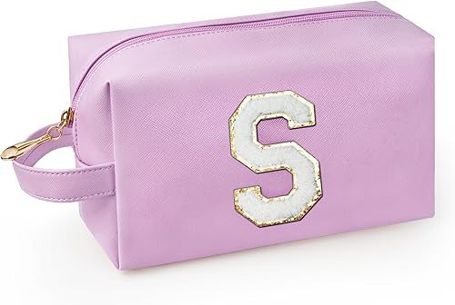 Vista 11 de Bolsa de maquillaje personalizada con inicial y asa, bolsa de cosméticos estilo preppy con bolsillo interior con cremallera, para niñas de 8 a 14